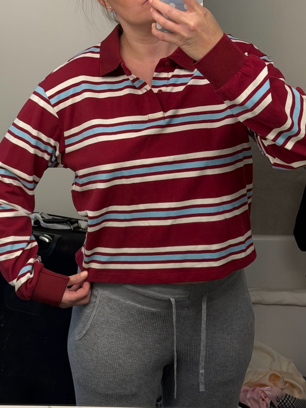 Cider Burgundy Striped Polo Sweatshirt with Light Blue & White